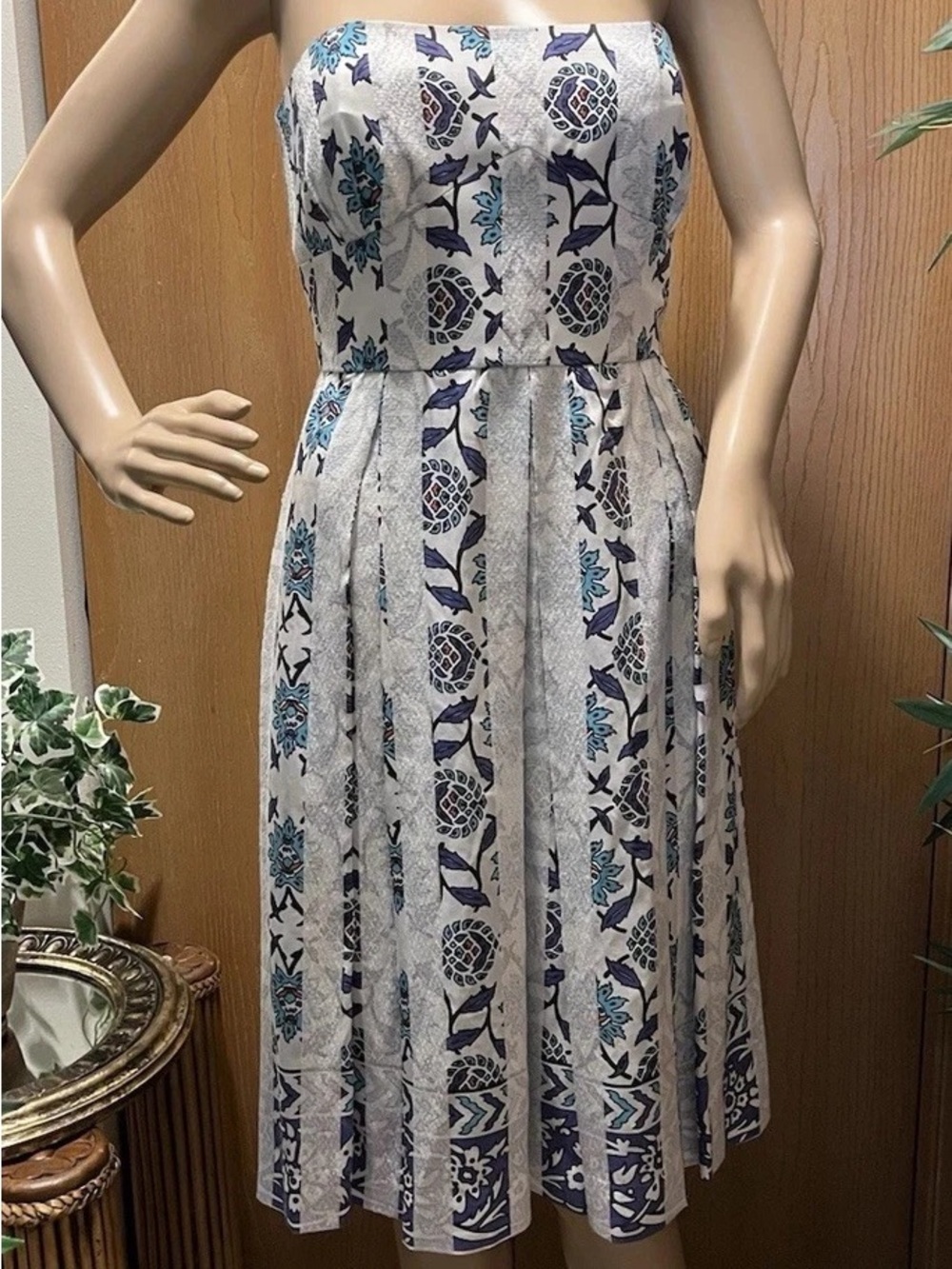 Cynthia Steffe White Strapless Floral Midi Dress with Blue Accents